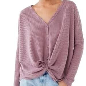 Out From Under Jojo Waffle Knit Button-Down Henley Top Mauve Pink XS Cozy Fall